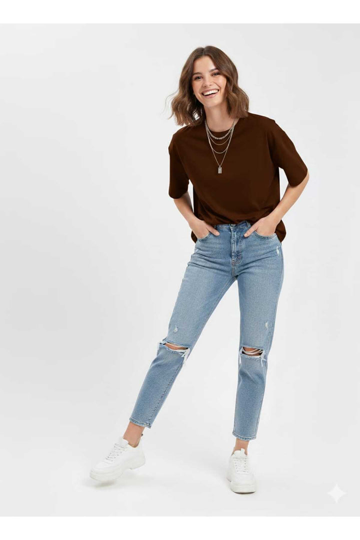 Kadın Kahverengi Bisiklet Yaka Basic Oversize T-Shirt