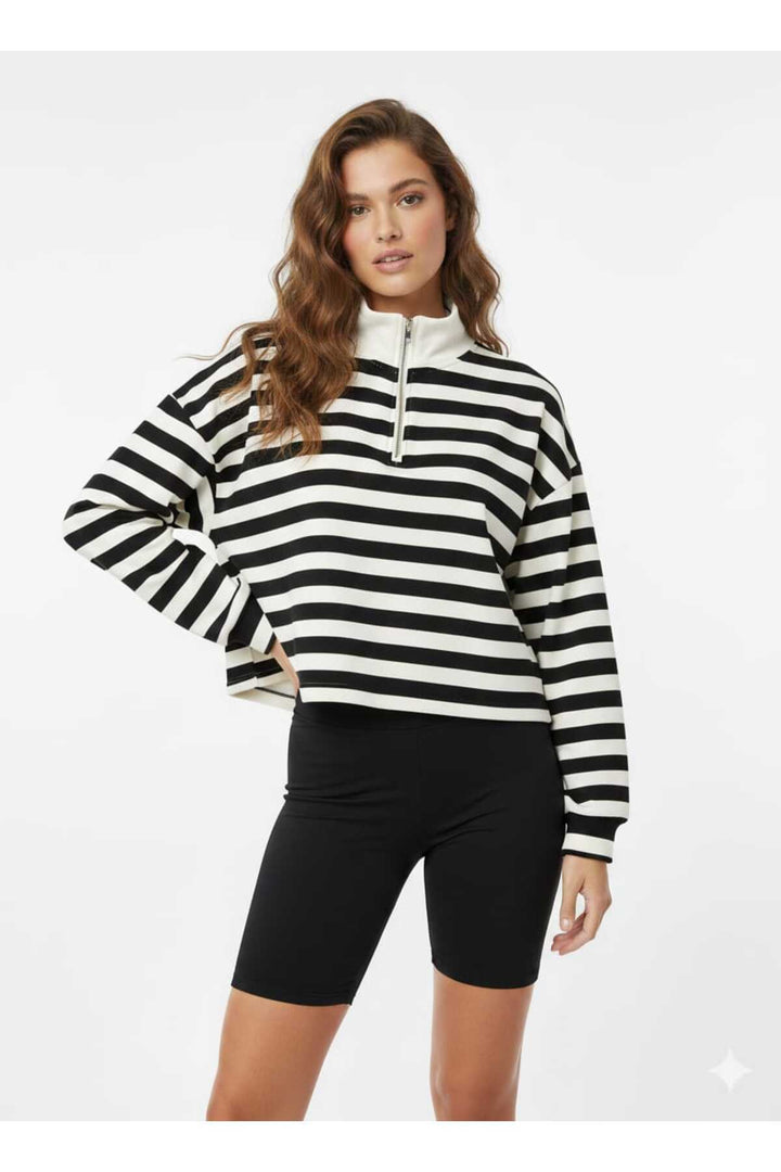 Kadın Polo Yaka Fermuarlı Siyah Beyaz Çizgili Oversize Sweatshirt Yumuşak Dokulu Rahat Kalıp
