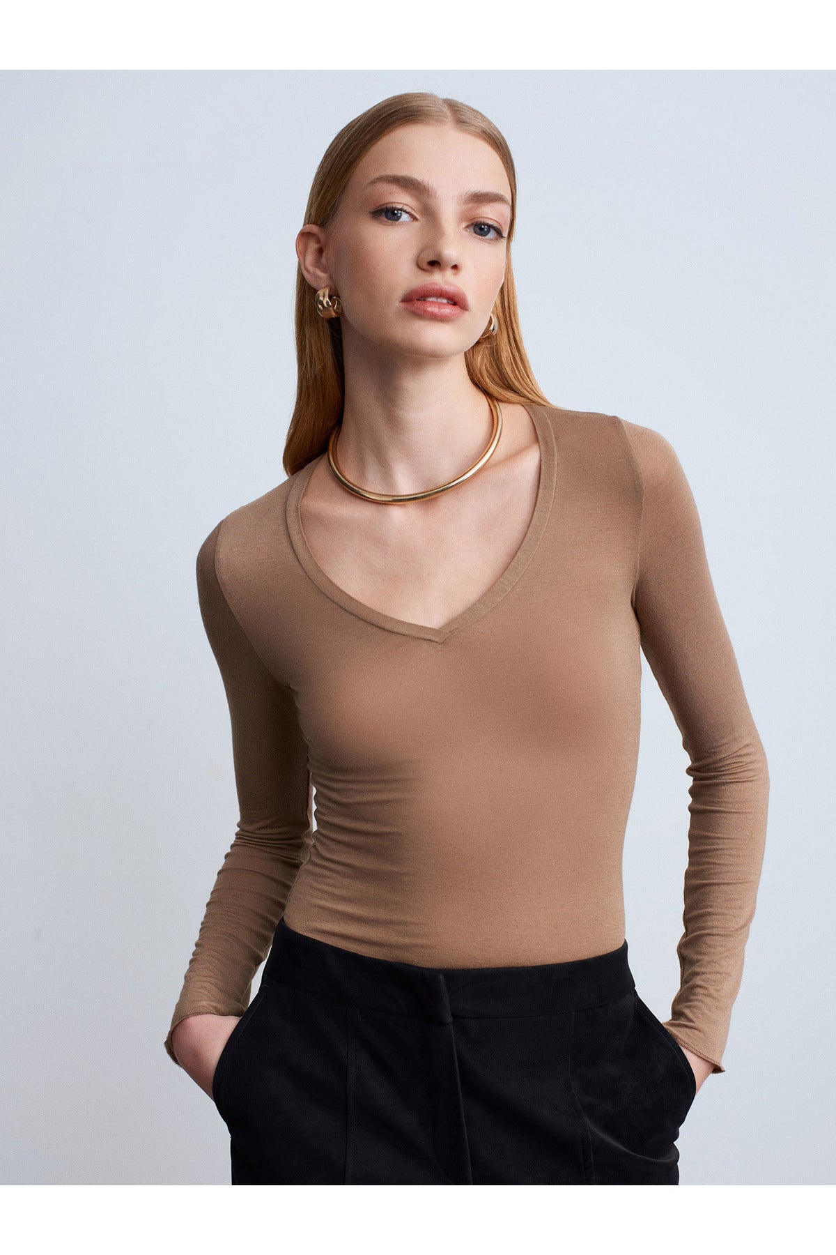 32310 V Yaka Kaşmir Karışımlı Modal Bluz-Vizon - Vizon