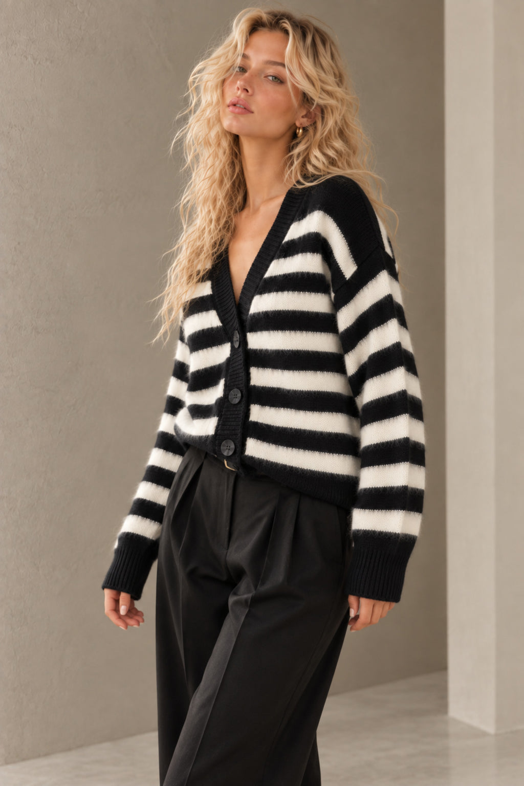 Kadın Çizgili V Yaka Oversize Triko Hırka 1410