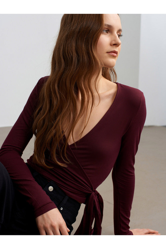 32645 Uzun Kollu Kruvaze Top-Bordo