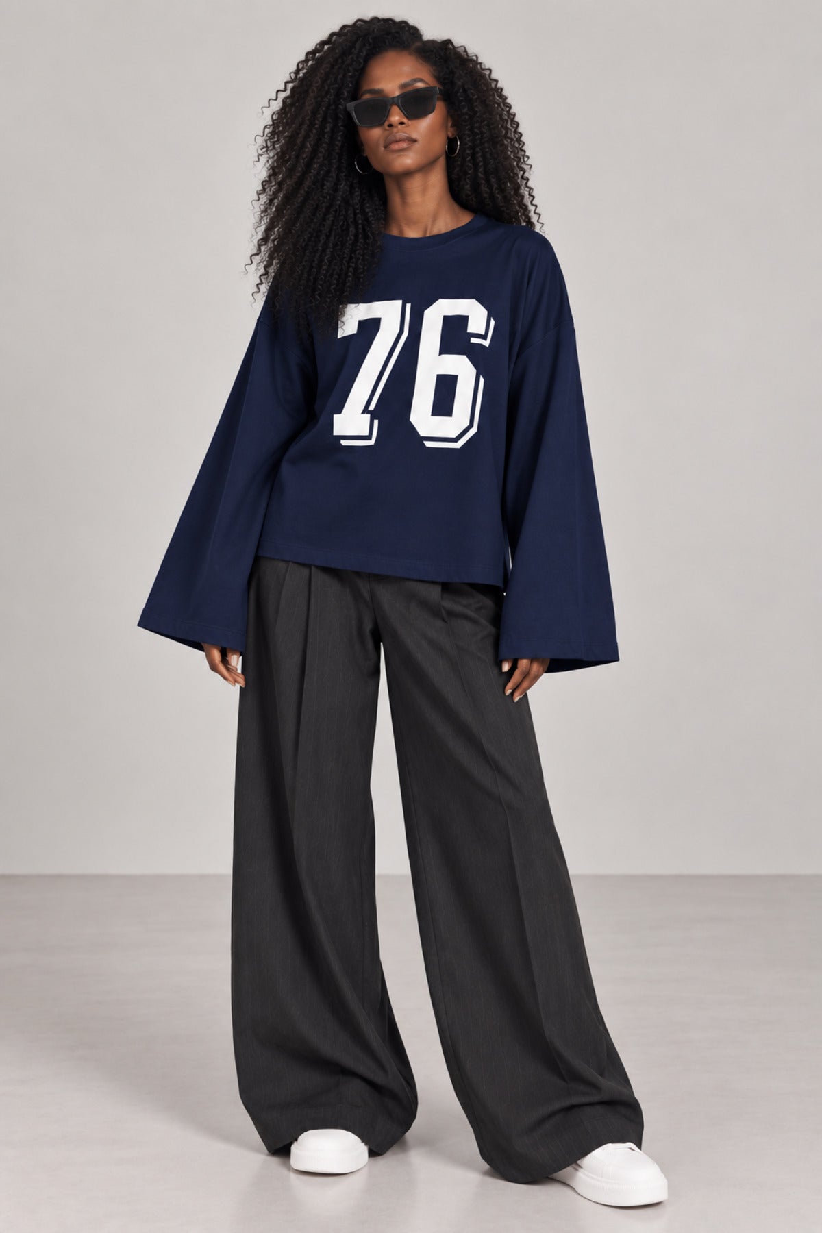 11020 Kadın Ön Baskı Detaylı Geniş Kol Penye Sweatshirt - Lacivert