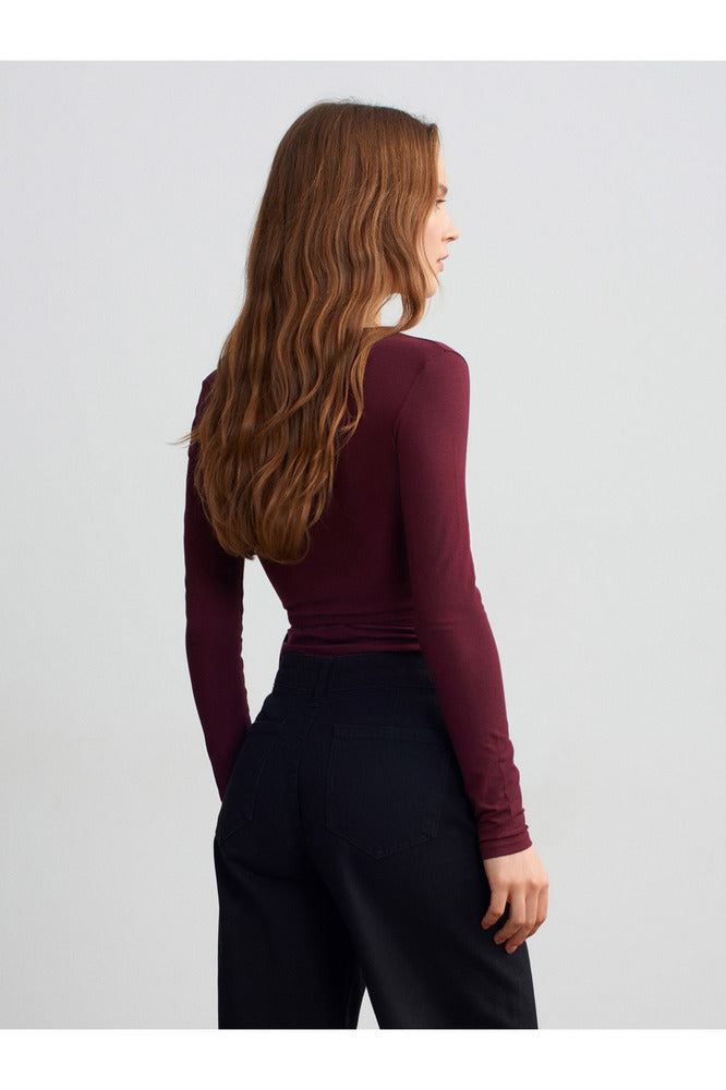 32645 Uzun Kollu Kruvaze Top-Bordo