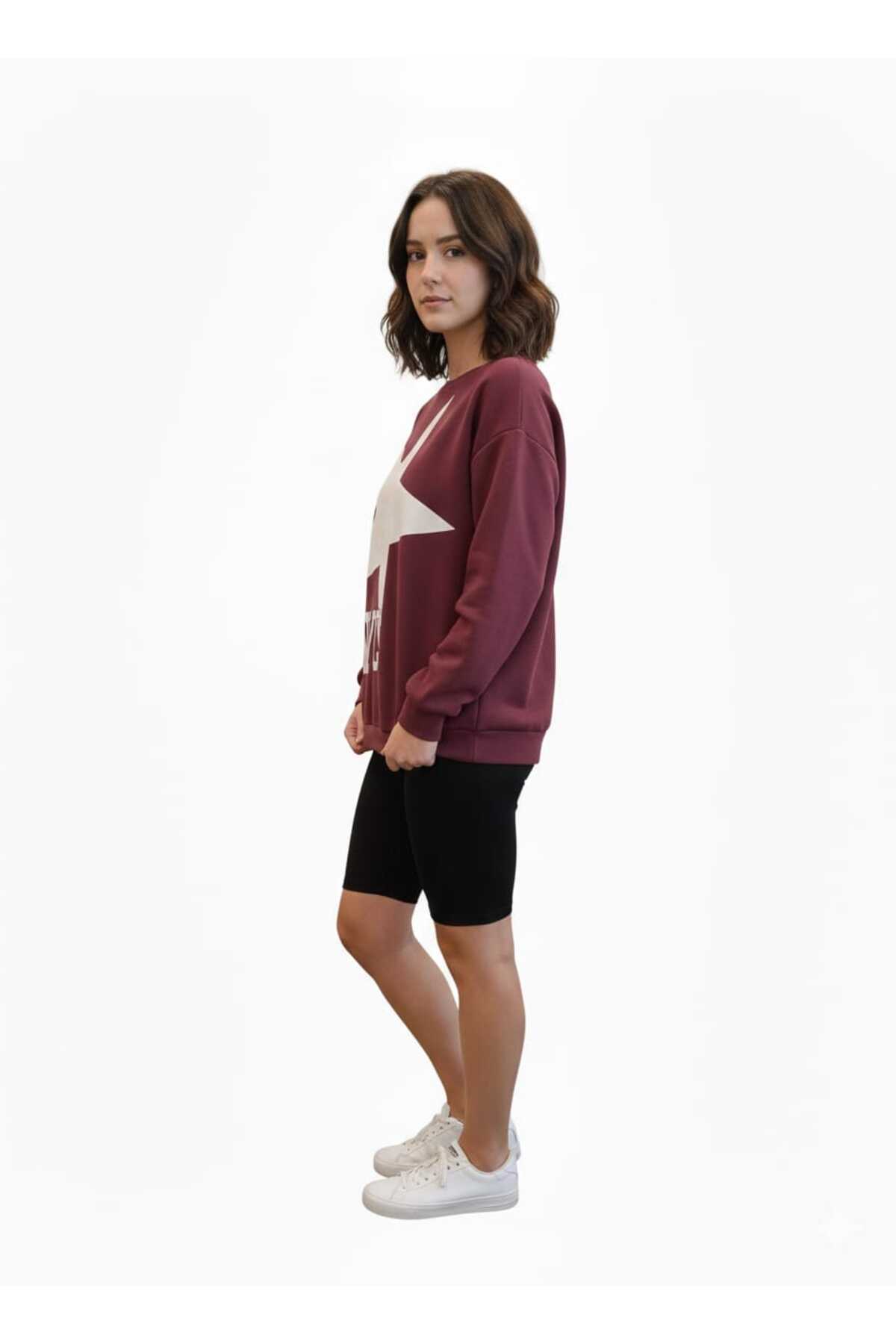 Kadın Oversize Baskılı Rahat Kalıp Sweatshirt - Bordo