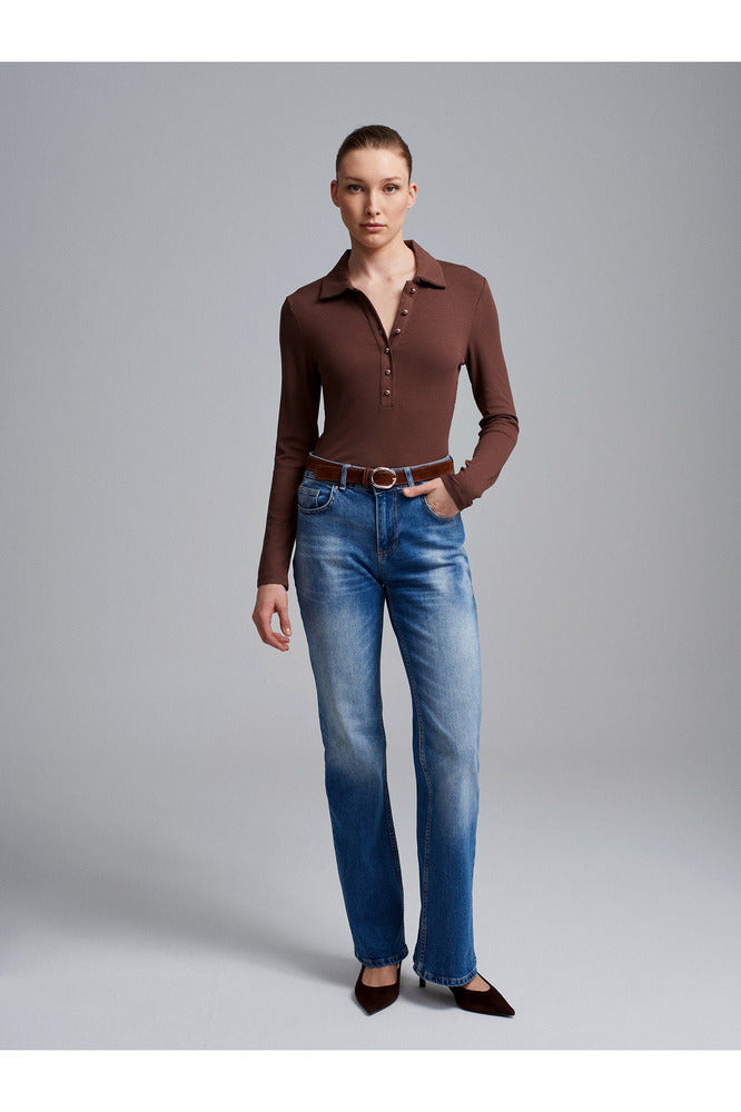 32671 Düğme Detaylı Polo Yaka Top-Açık Kahve