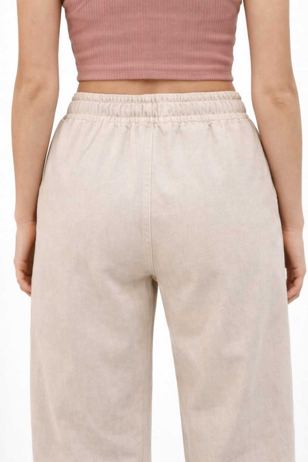 10986 Kadın Oversize Kalıp Bel Lastikli Çift Cep Kot Pantolon - Bej