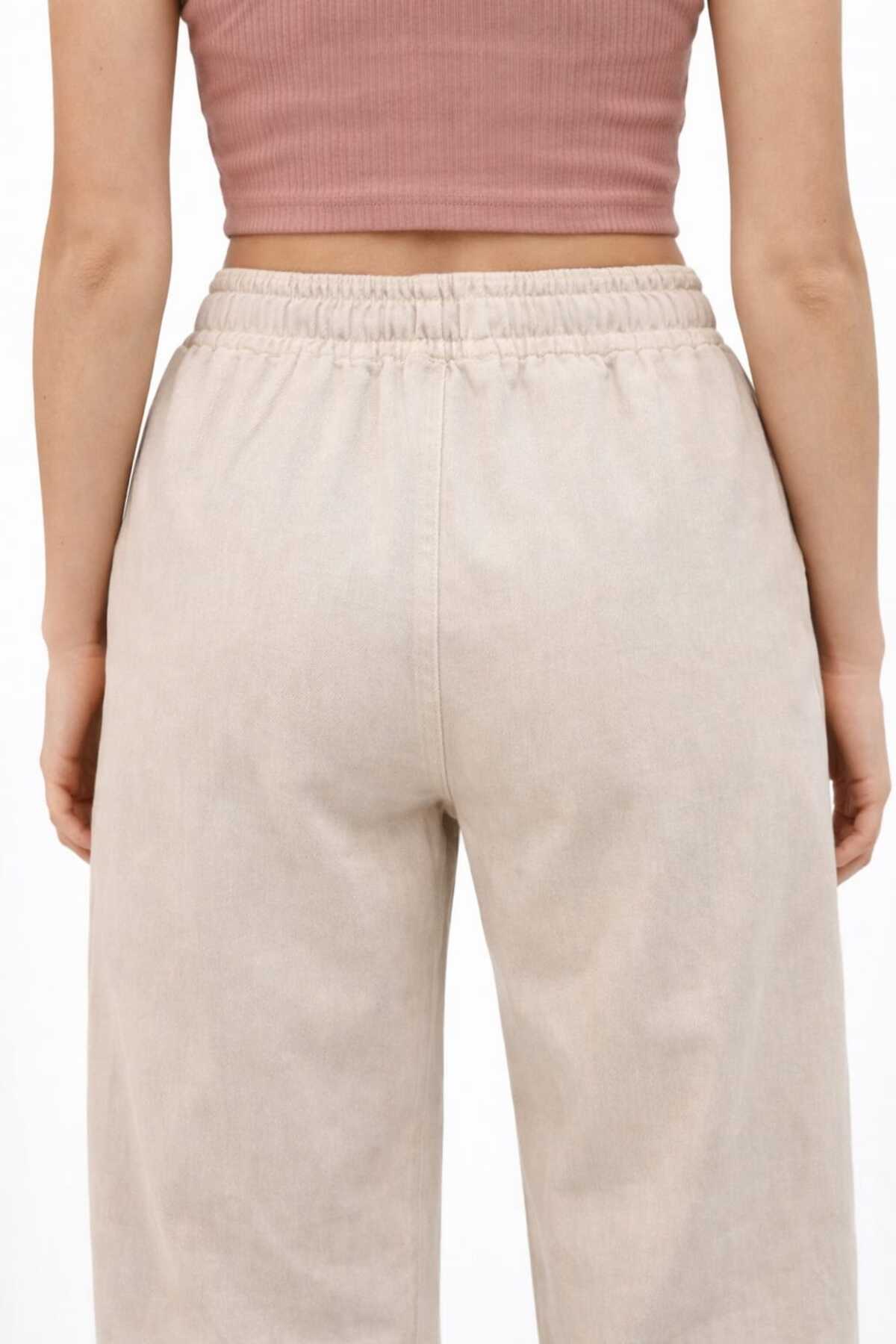 10986 Kadın Oversize Kalıp Bel Lastikli Çift Cep Kot Pantolon - Bej