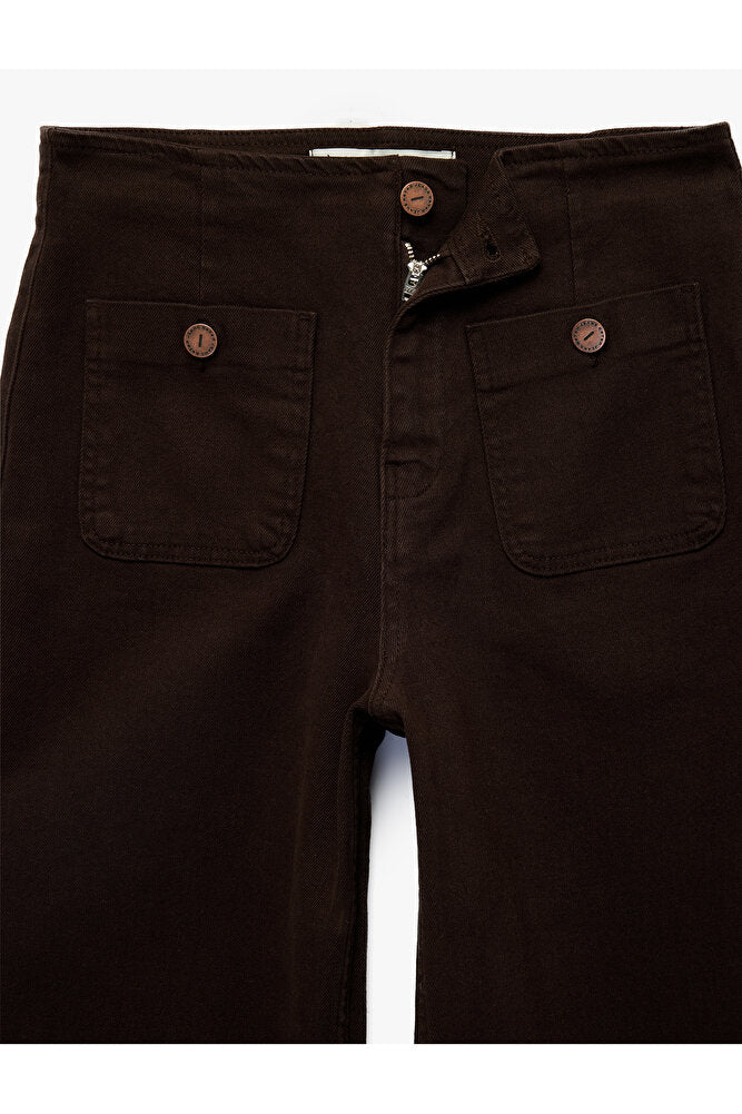Yüksek Bel Cep Detaylı Düğmeli Geniş Paça Pantolon - Culotte Jeans