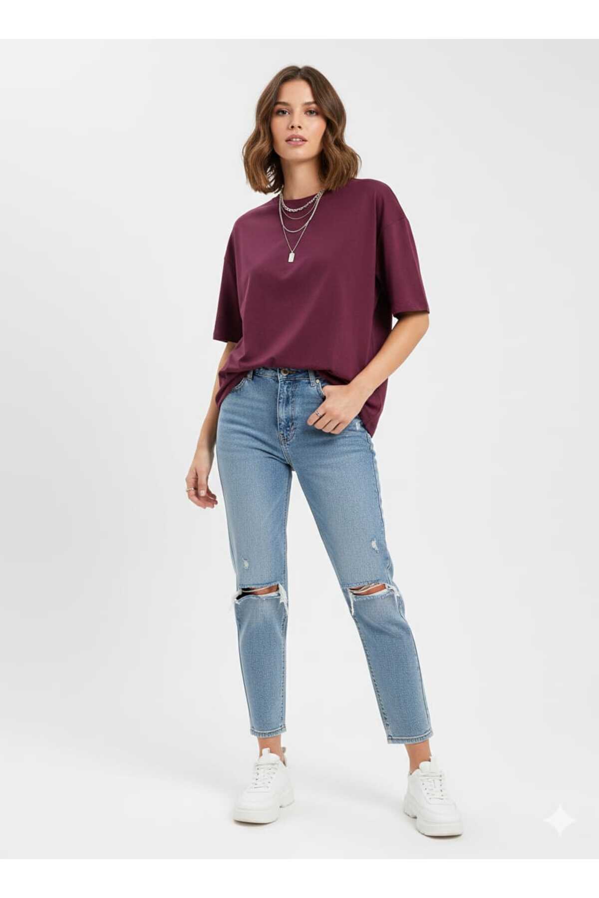Kadın Oversize Basic Bisiklet Yaka Yan Yırtmaçlı Kısa Kollu Tişört - Kahverengi