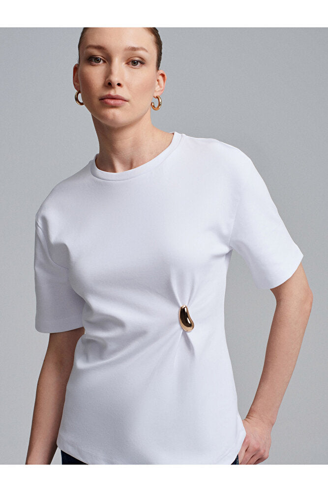 32445 Aksesuar Detaylı Basic T-Shirt-Koyu Kahve
