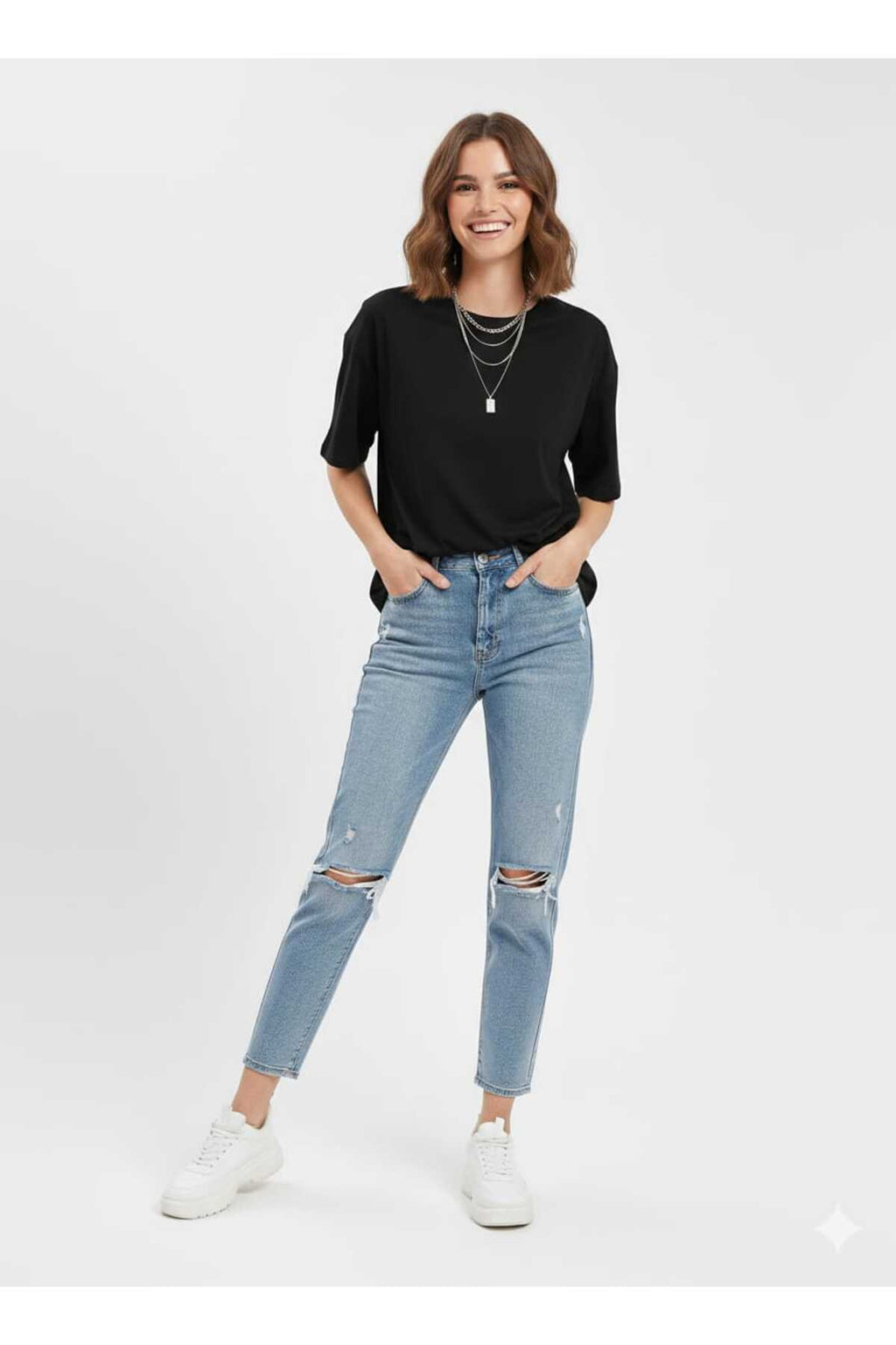 Kadın Kahverengi Bisiklet Yaka Basic Oversize T-Shirt - Siyah