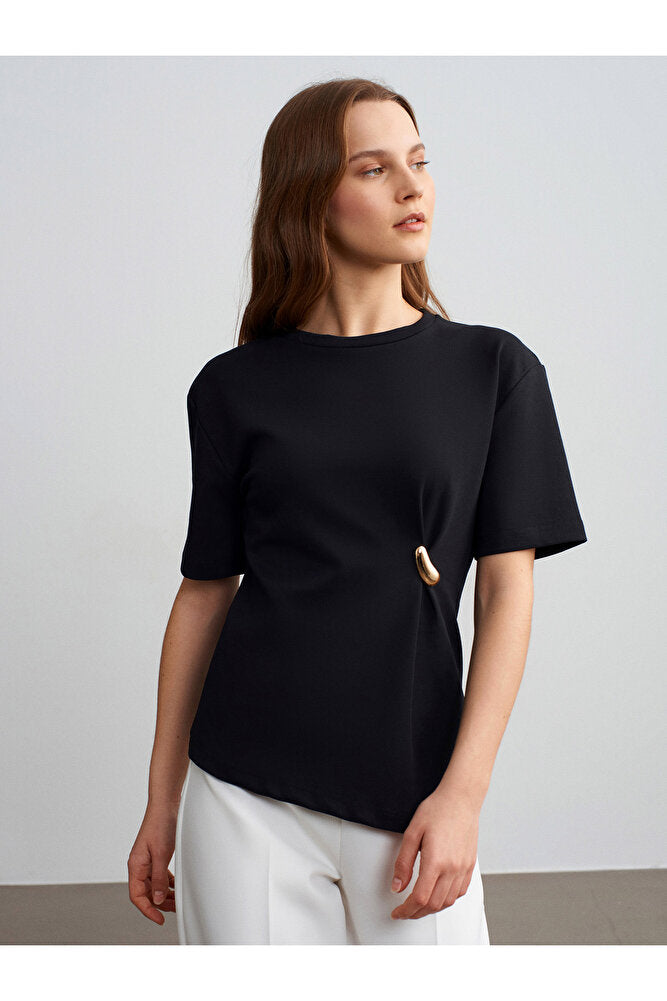 32445 Aksesuar Detaylı Basic T-Shirt-Koyu Kahve