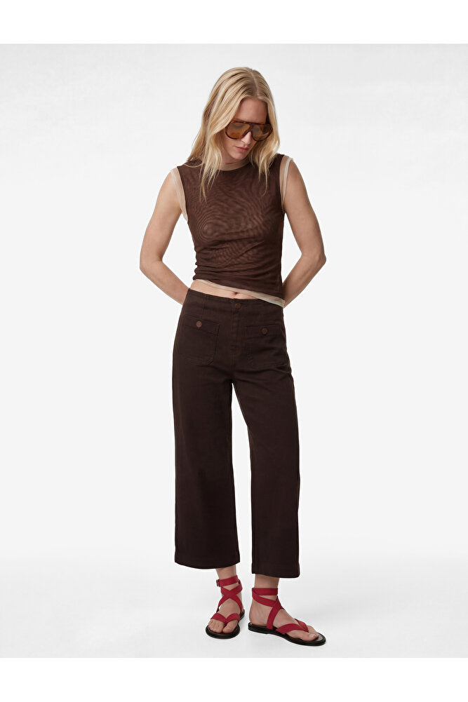 Yüksek Bel Cep Detaylı Düğmeli Geniş Paça Pantolon - Culotte Jeans