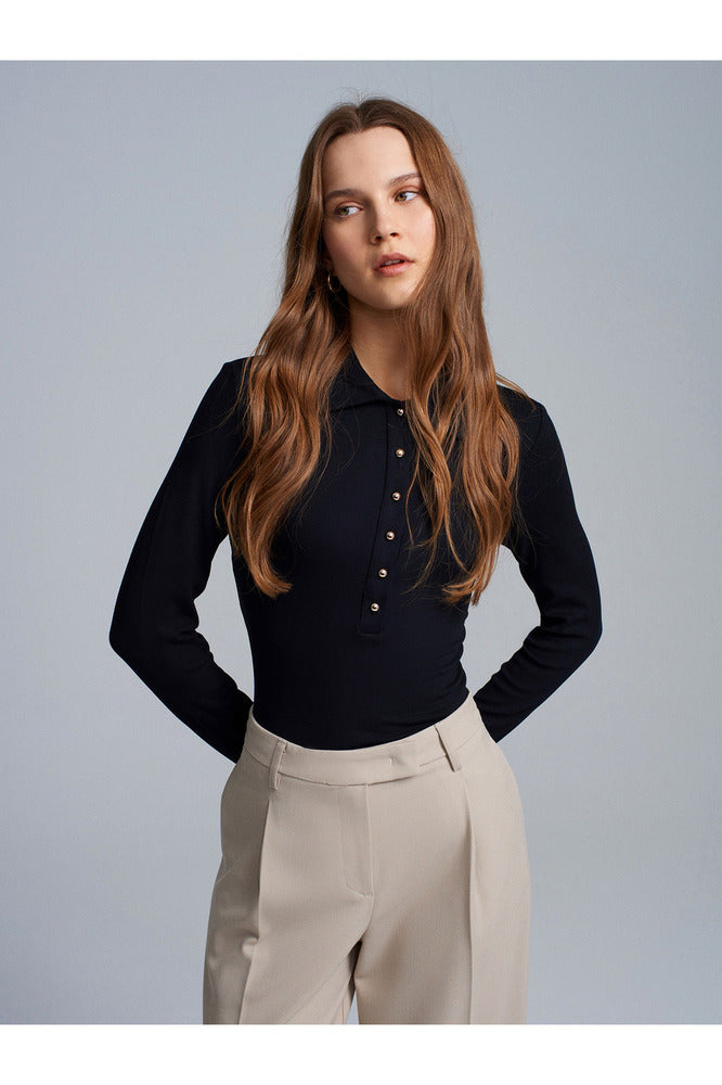 32671 Düğme Detaylı Polo Yaka Top-Açık Kahve