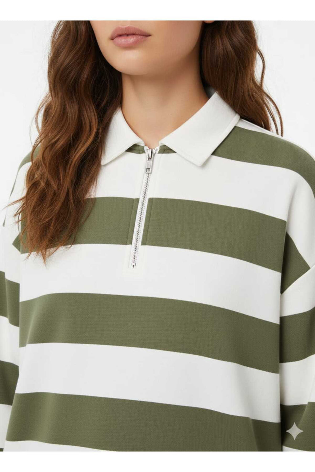 Kadın Polo Yaka Fermuarlı Yeşil Kalın Çizgili Oversize Sweatshirt Yumuşak Dokulu Rahat Kalıp - Yeşil