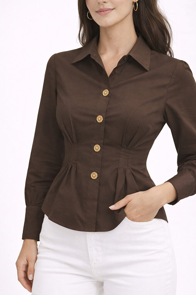 10919 Kadın Ön Pensli Gold Düğme Detaylı %100 Pamuk Gömlek
