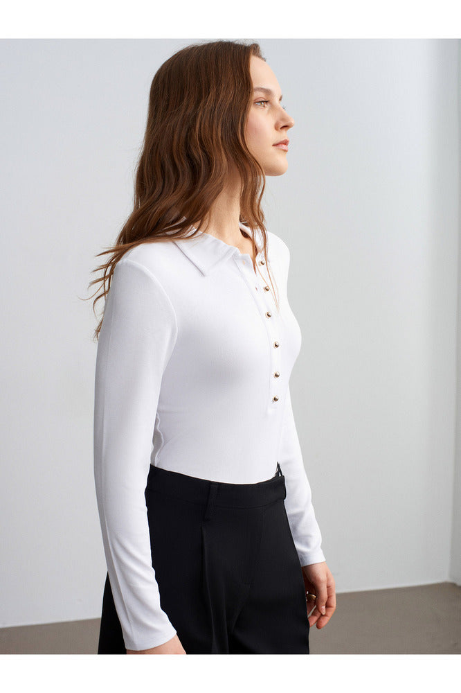 32671 Düğme Detaylı Polo Yaka Top-Açık Kahve