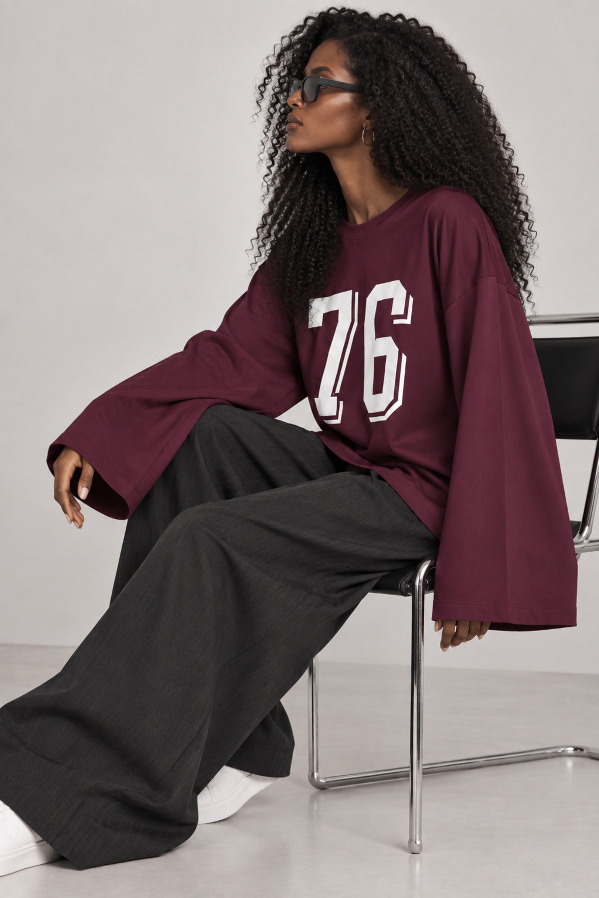 11020 Kadın Ön Baskı Detaylı Geniş Kol Penye Sweatshirt - Mürdüm