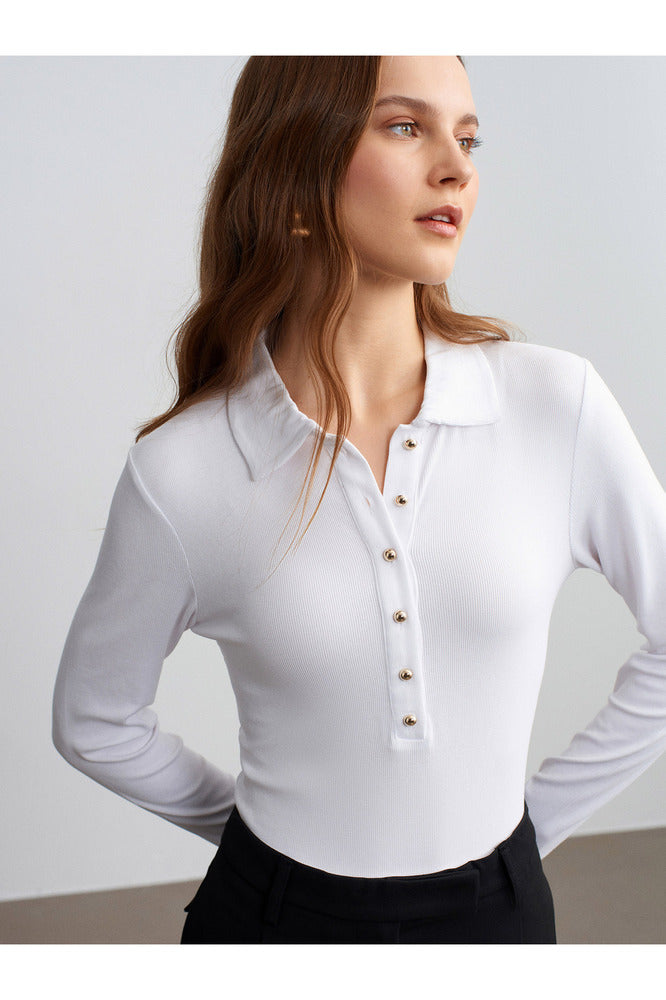 32671 Düğme Detaylı Polo Yaka Top-Açık Kahve