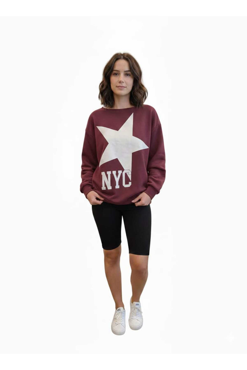Kadın Oversize Baskılı Rahat Kalıp Sweatshirt - Bordo