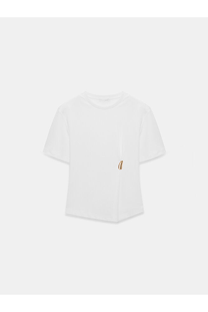 32445 Aksesuar Detaylı Basic T-Shirt-Koyu Kahve