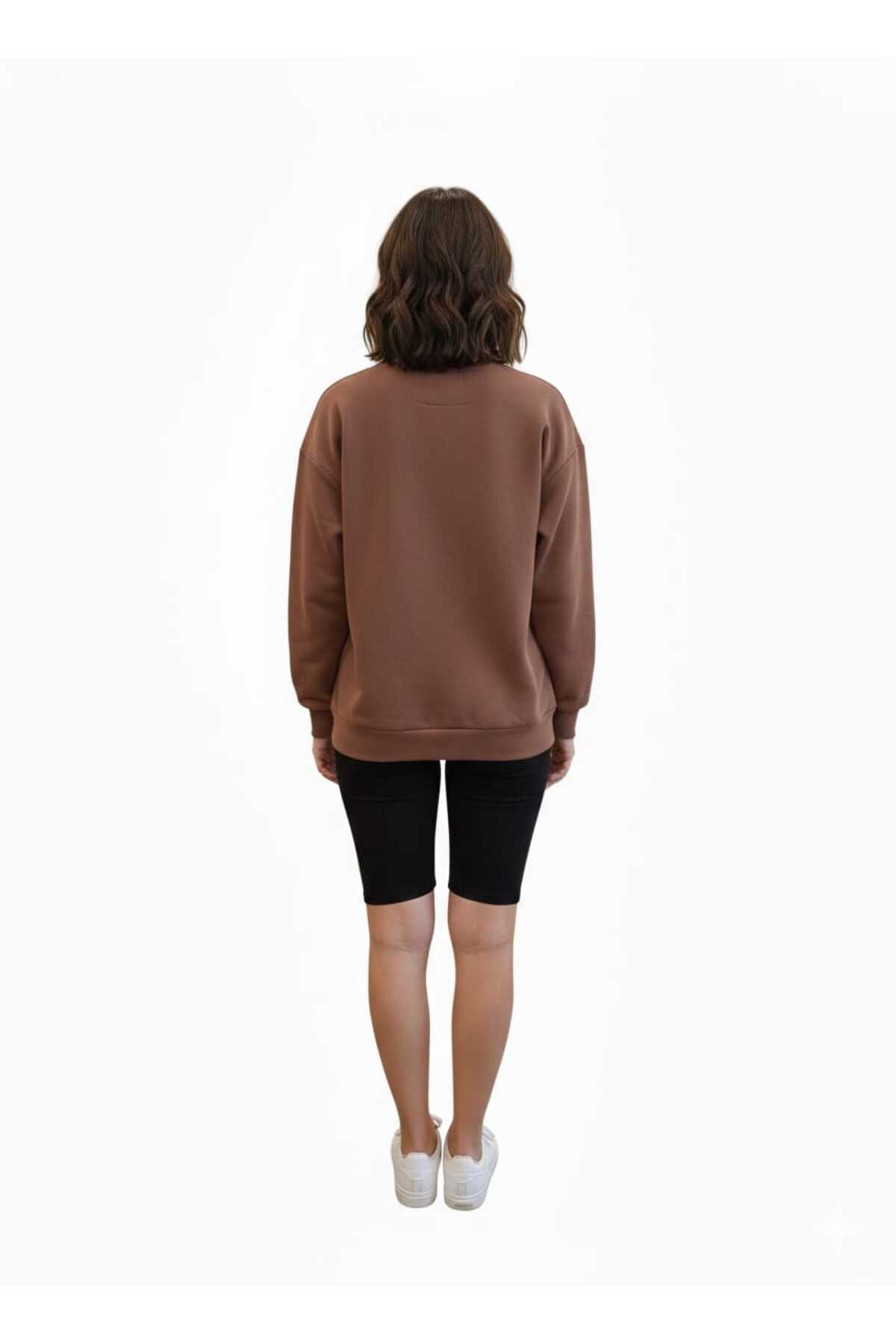 Kadın Oversize Baskılı Rahat Kalıp Sweatshirt - Kahverengi