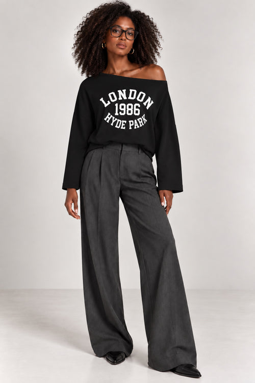 11018 Kadın London Basklı Kayık Yaka Penye Sweatshirt - Siyah