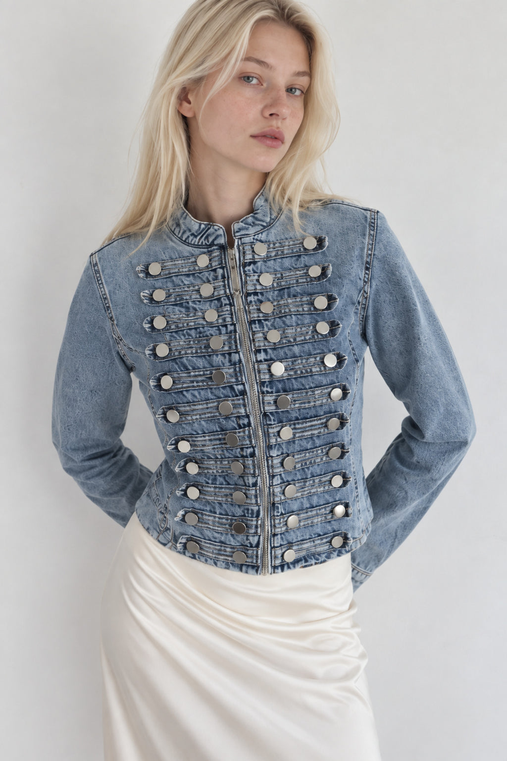 11030 Kadın Metal Düğme Detaylı Fermuarlı Denim Ceket - Mavi