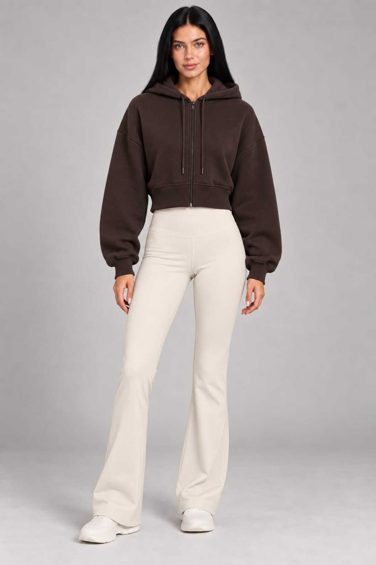 Kadın 3 iplik kapişon detaylı krop fermuarlı sweatshirt 1234