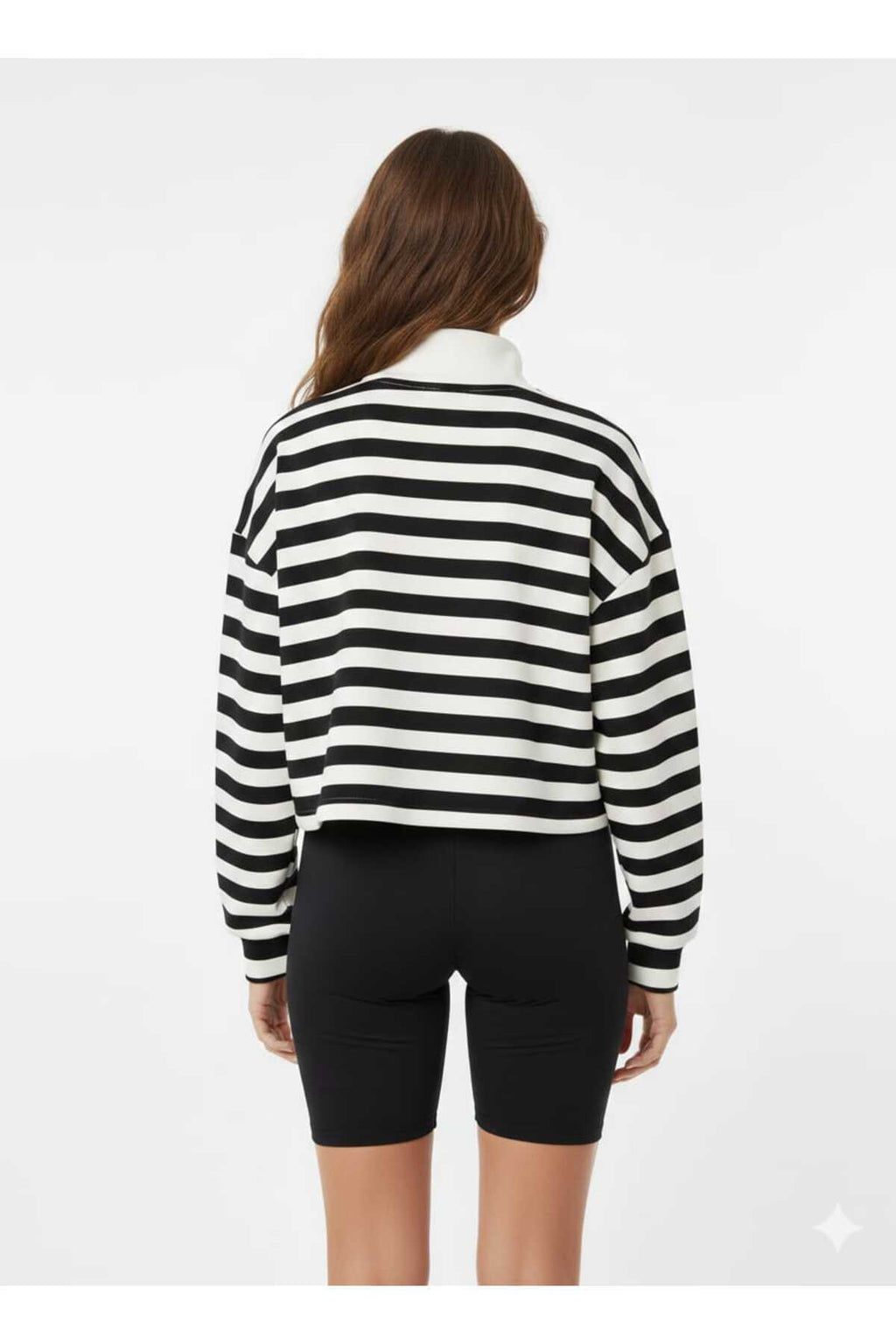 Kadın Polo Yaka Fermuarlı Siyah Beyaz Çizgili Oversize Sweatshirt Yumuşak Dokulu Rahat Kalıp - Siyah