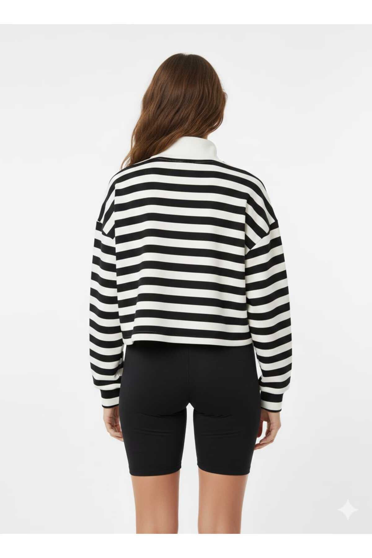 Kadın Polo Yaka Fermuarlı Siyah Beyaz Çizgili Oversize Sweatshirt Yumuşak Dokulu Rahat Kalıp - Siyah