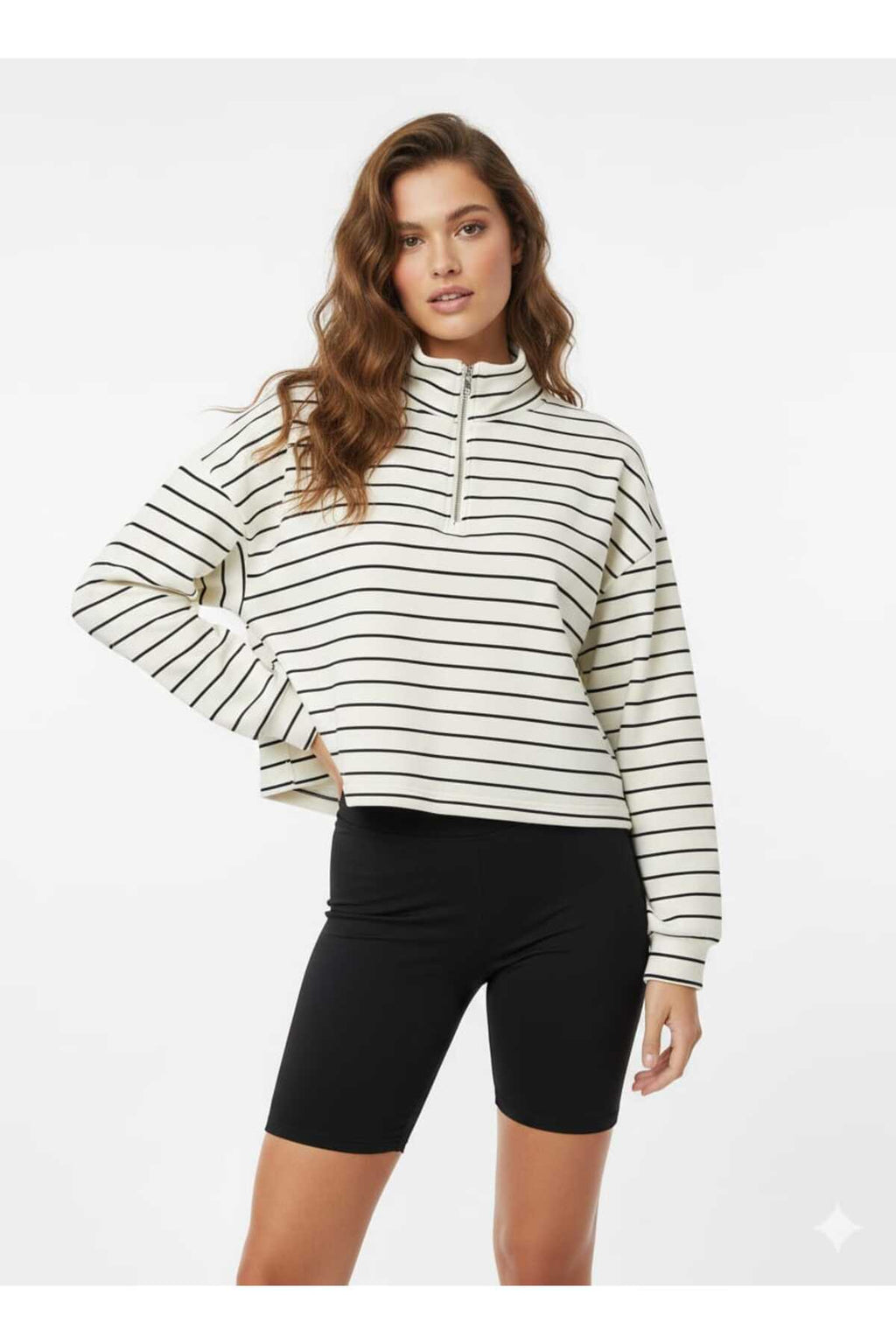 Kadın Polo Yaka Fermuarlı Siyah Beyaz Çizgili Oversize Sweatshirt Yumuşak Dokulu Rahat Kalıp - Beyaz