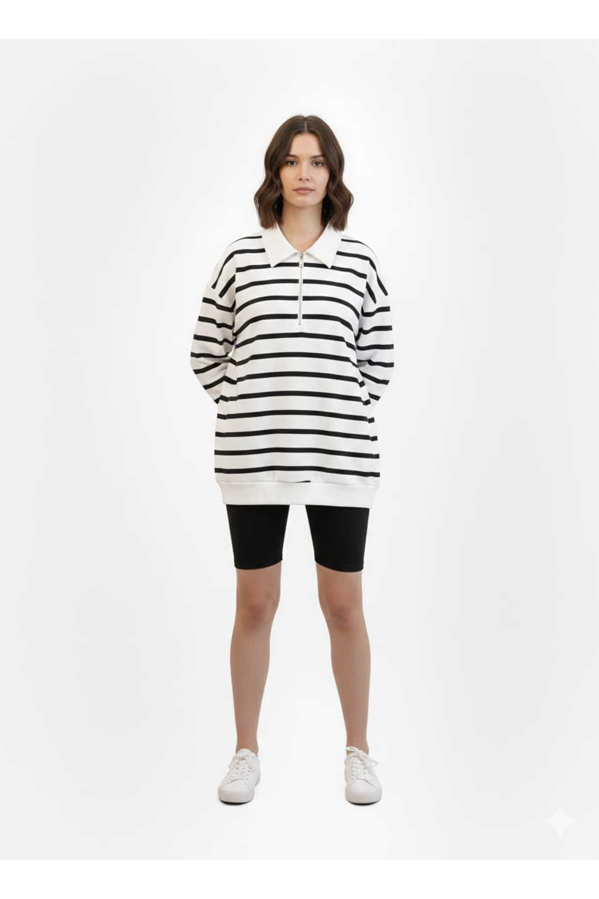 Kadın Polo Yaka Fermuarlı Siyah Çizgili Oversize Sweatshirt Yumuşak Dokulu Rahat Kalıp - Beyaz