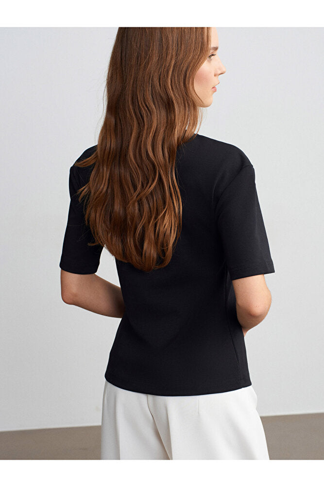 32445 Aksesuar Detaylı Basic T-Shirt-Koyu Kahve