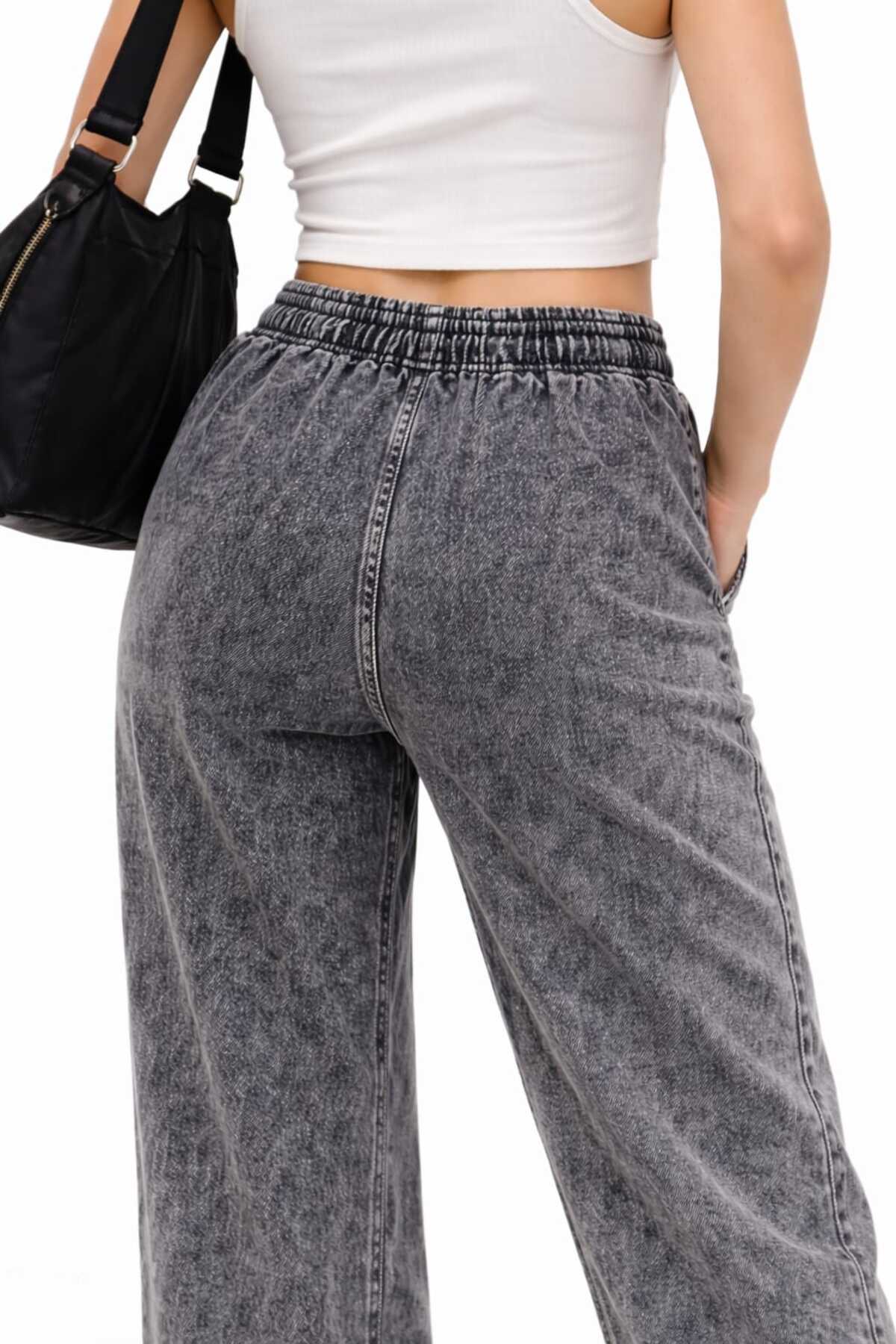 10986 Kadın Oversize Kalıp Bel Lastikli Çift Cep Kot Pantolon - Gri