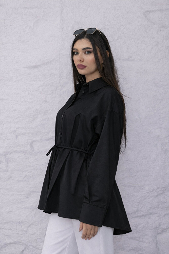 10931 Kadın %100 Pamuk Bel ip Bağlamalı Oversize Kalıp Tunik Gömlek
