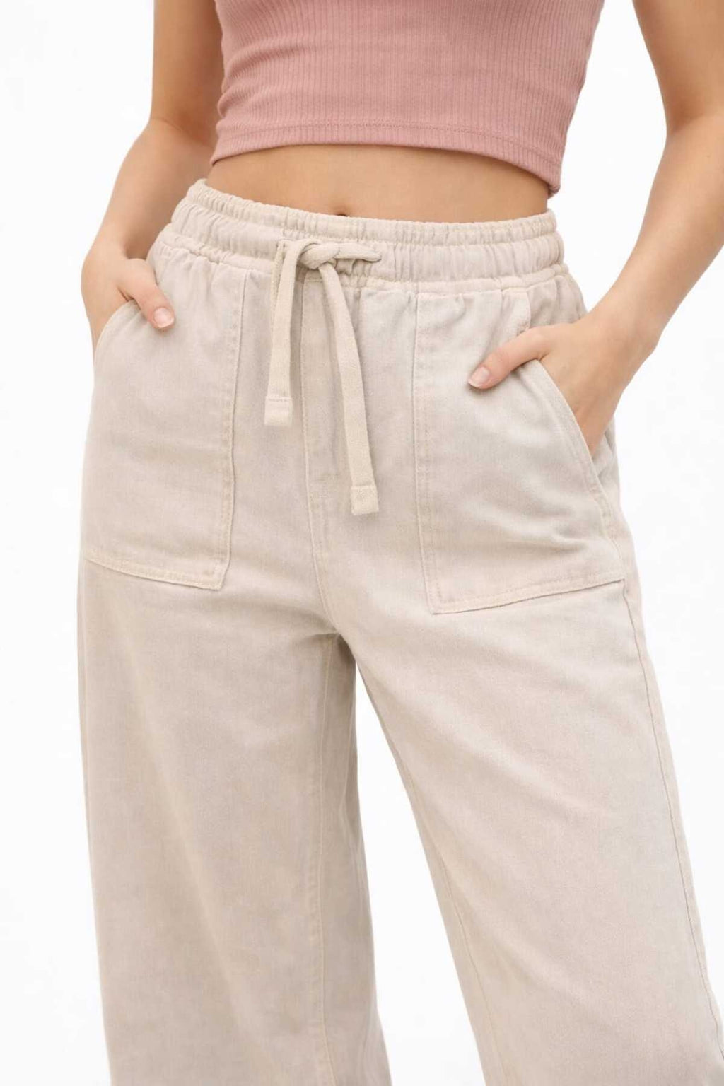 10986 Kadın Oversize Kalıp Bel Lastikli Çift Cep Kot Pantolon - Bej
