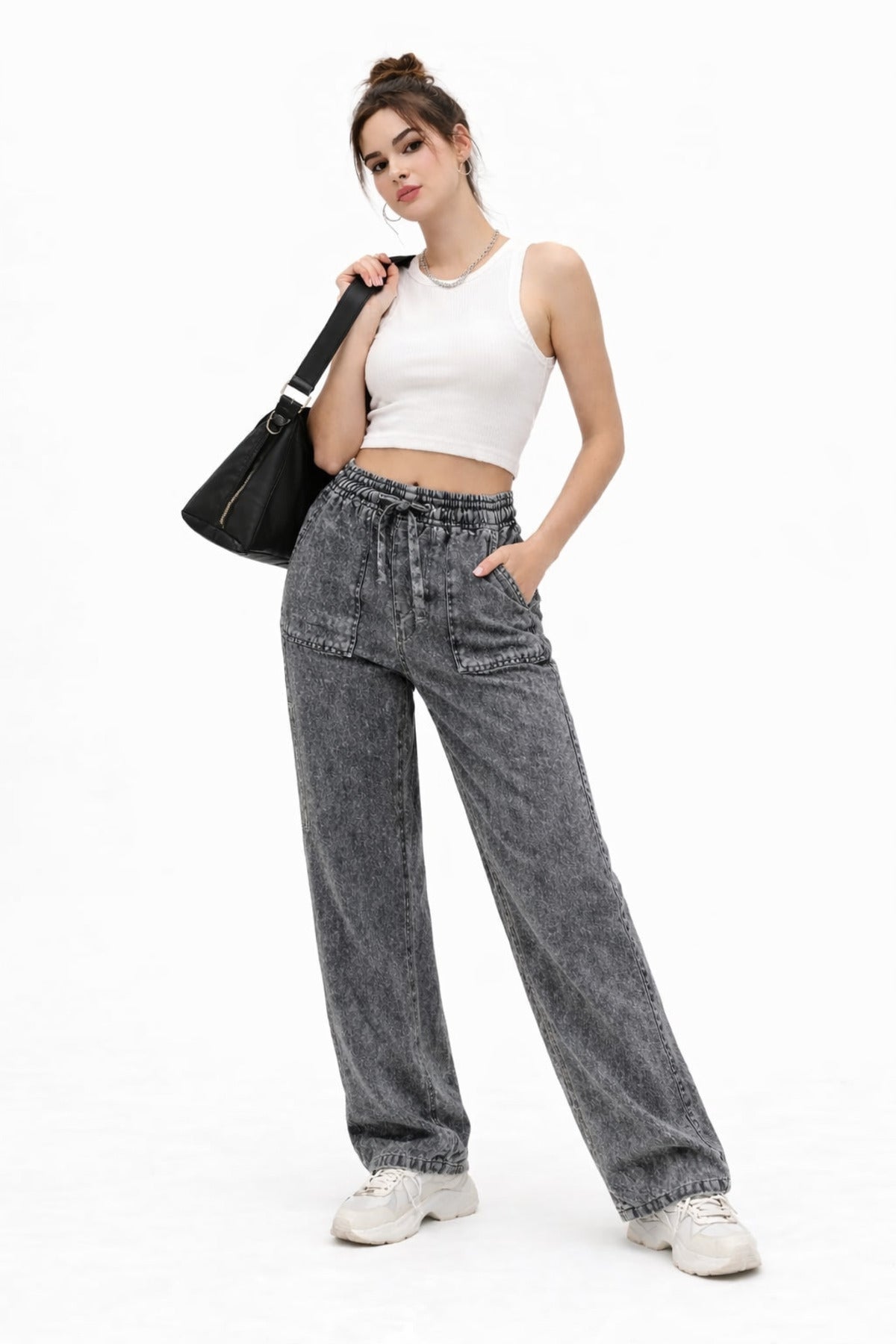10986 Kadın Oversize Kalıp Bel Lastikli Çift Cep Kot Pantolon - Gri