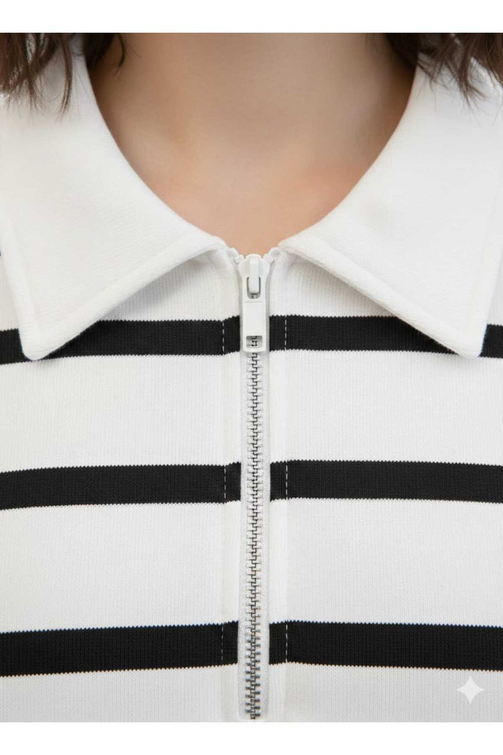 Kadın Polo Yaka Fermuarlı Siyah Çizgili Oversize Sweatshirt Yumuşak Dokulu Rahat Kalıp - Beyaz
