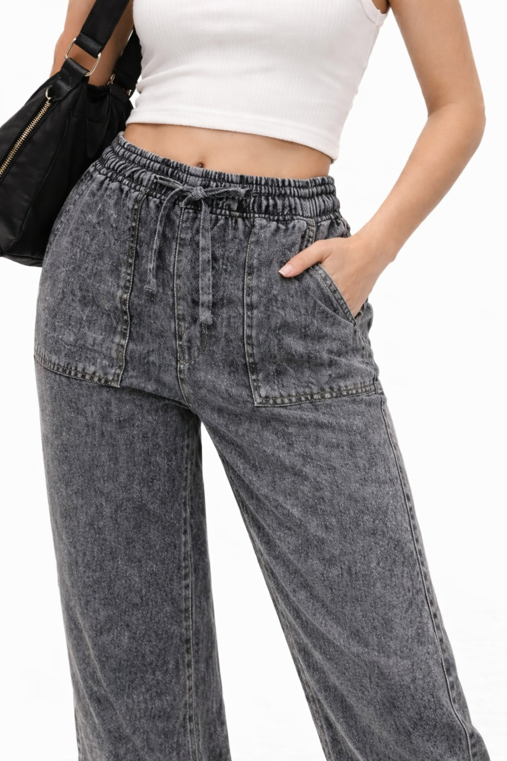 10986 Kadın Oversize Kalıp Bel Lastikli Çift Cep Kot Pantolon - Gri