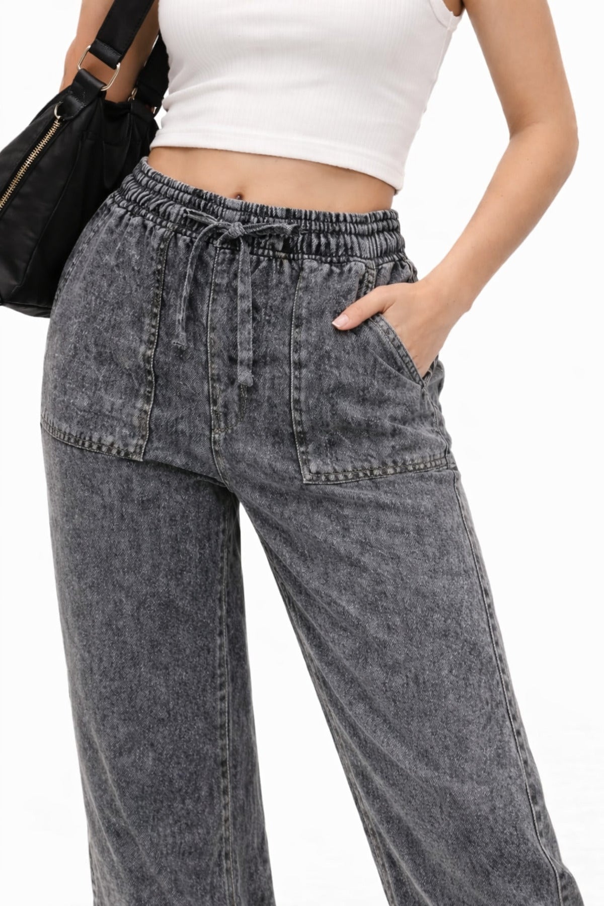 10986 Kadın Oversize Kalıp Bel Lastikli Çift Cep Kot Pantolon - Gri