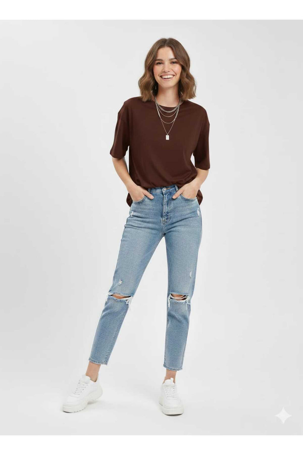 Kadın Kahverengi Bisiklet Yaka Basic Oversize T-Shirt - Kahverengi