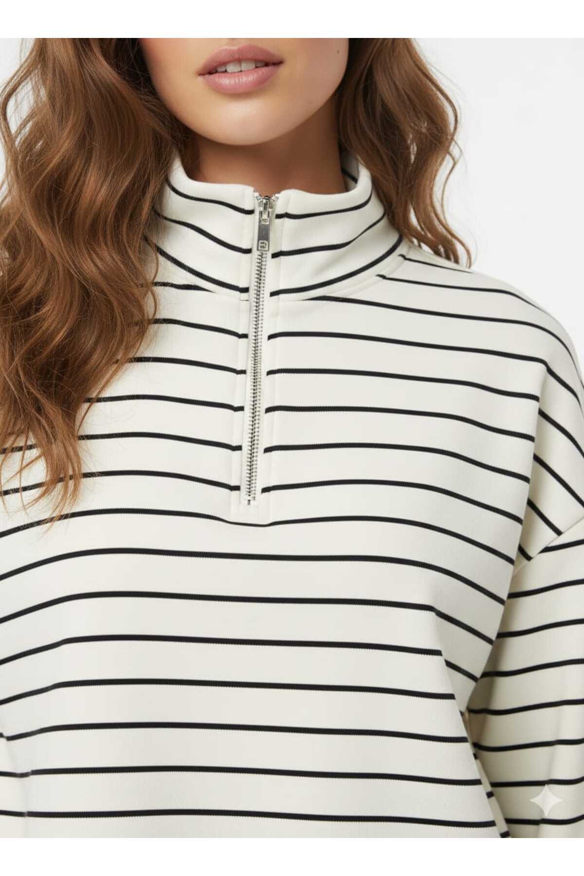 Kadın Polo Yaka Fermuarlı Siyah Beyaz Çizgili Oversize Sweatshirt Yumuşak Dokulu Rahat Kalıp - Beyaz
