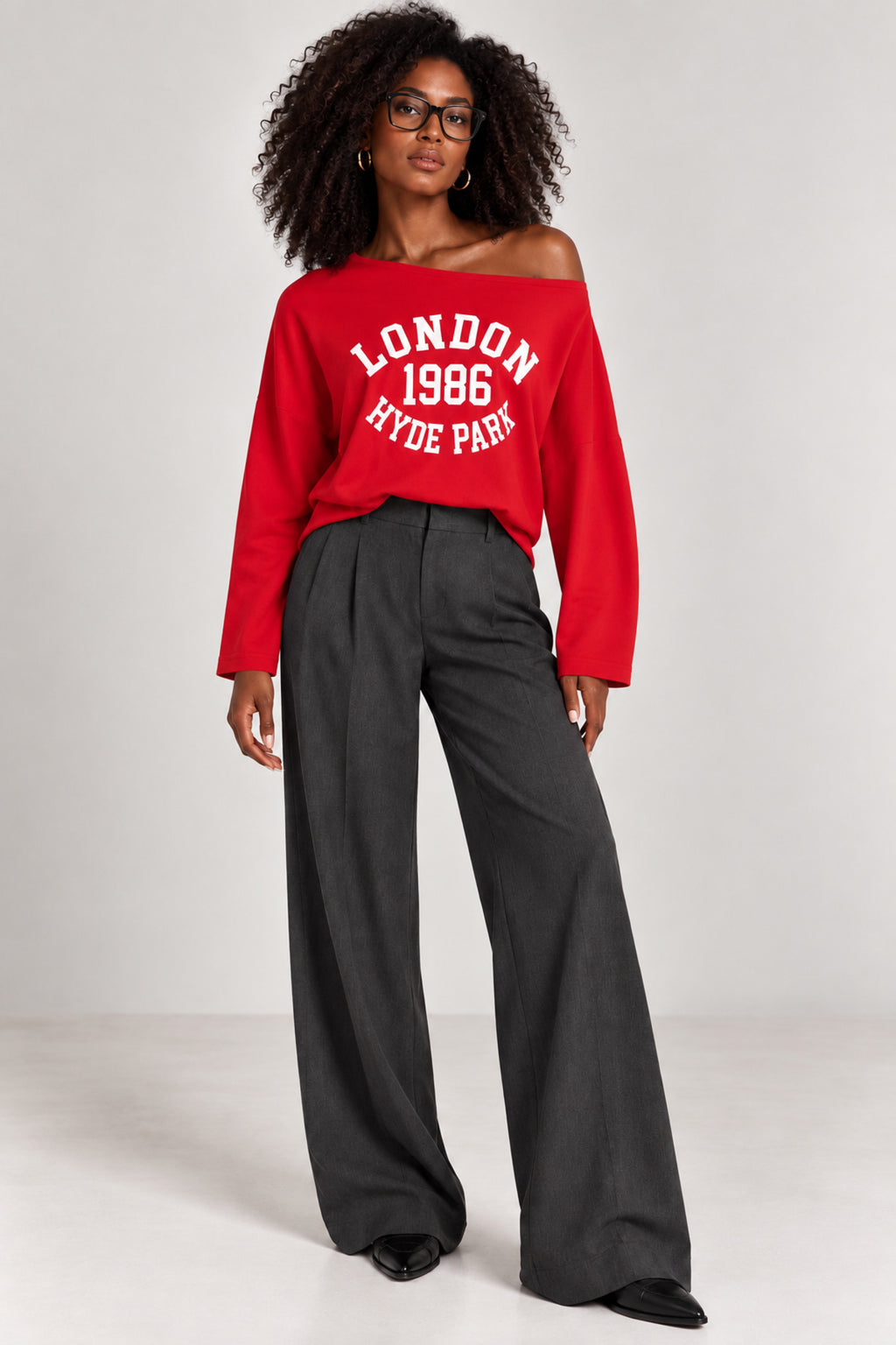 11018 Kadın London Basklı Kayık Yaka Penye Sweatshirt - Kırmızı