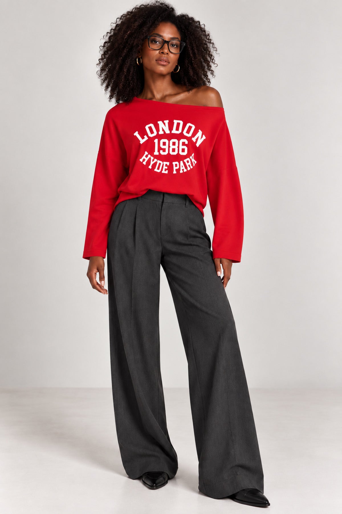 11018 Kadın London Basklı Kayık Yaka Penye Sweatshirt - Kırmızı