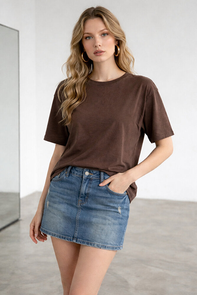 10889 Kadın Pamuklu Oversize Kalıp Sırt Dantel Detaylı T-Shirt