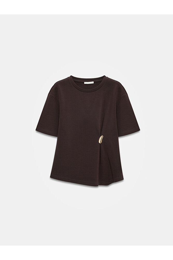 32445 Aksesuar Detaylı Basic T-Shirt-Koyu Kahve