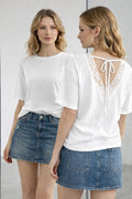 10889 Kadın Pamuklu Oversize Kalıp Sırt Dantel Detaylı T-Shirt