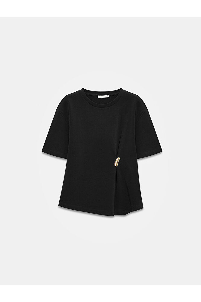 32445 Aksesuar Detaylı Basic T-Shirt-Koyu Kahve