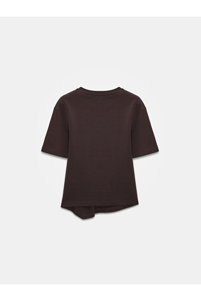 32445 Aksesuar Detaylı Basic T-Shirt-Koyu Kahve